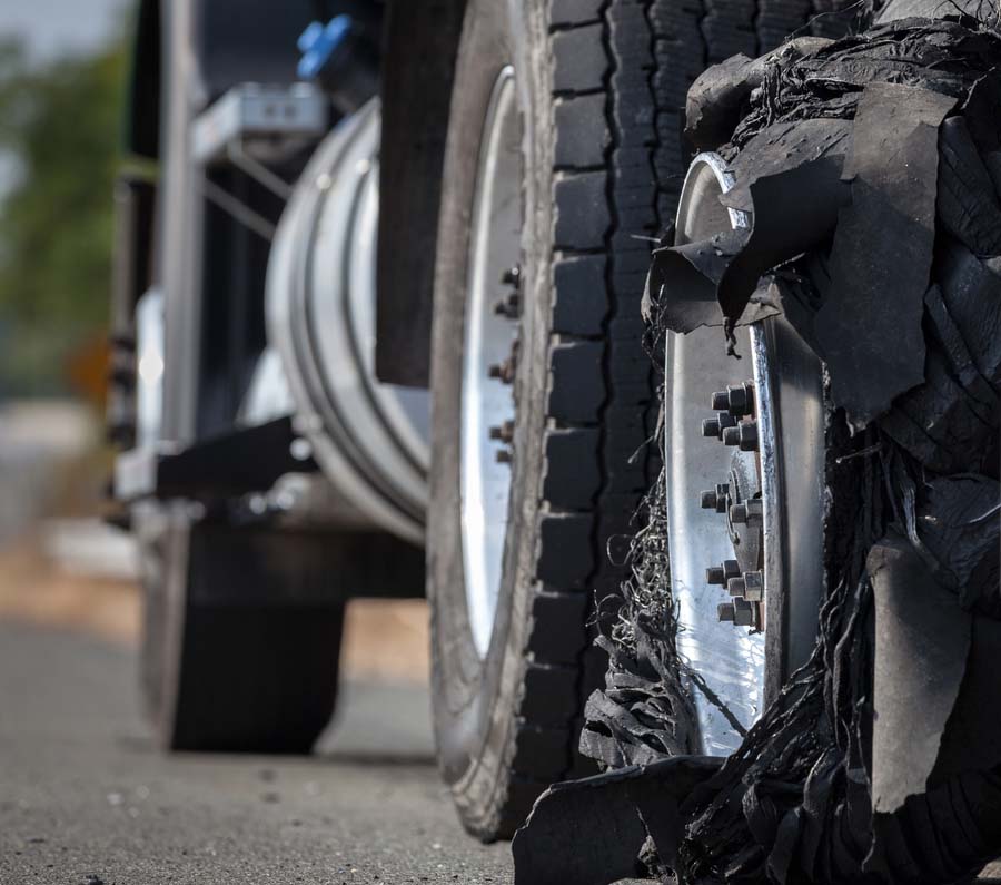 Detailed image of a tire blowout of a truck.